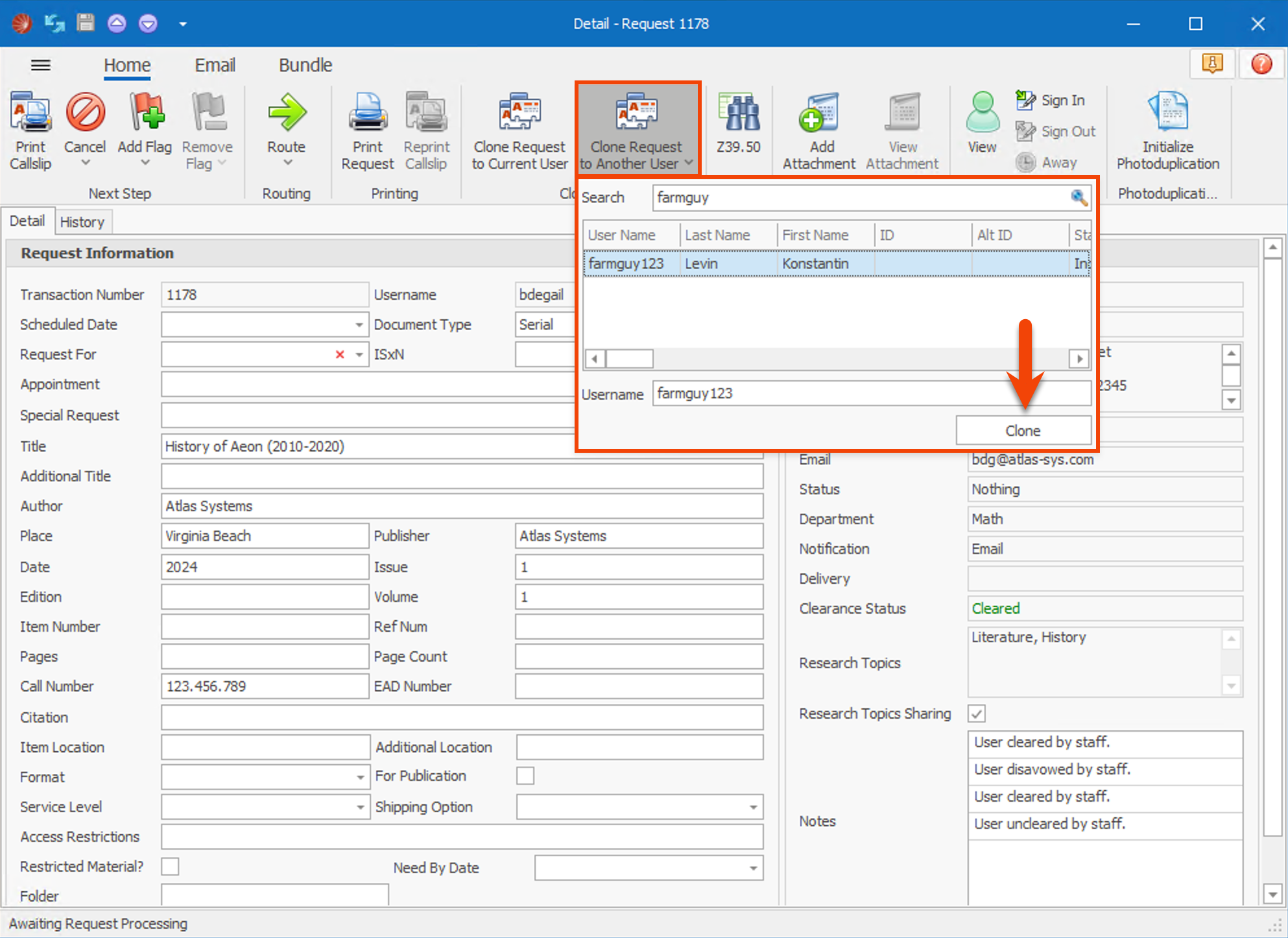 Clone Request to Another User from request form